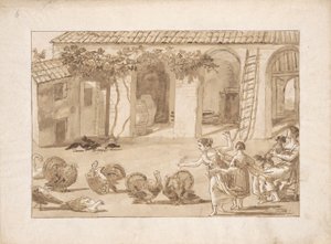Kalkkunat venetsialaisella pihalla, kolmas piirustus Tiepolossa tekijältä Giovanni Domenico Tiepolo