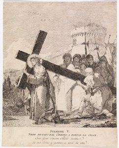 Via crucis - Asema V. Simon Kyreneläinen auttaa Jeesusta kantamaan ristiä. tekijältä Giovanni Domenico Tiepolo