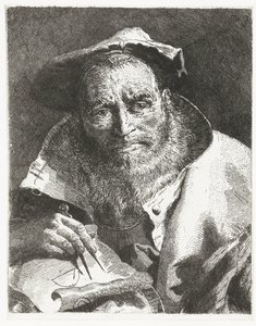 Tiedemies baretti päässä ja kompassi kädessään Pääkokoelma (sarjan nimi) Raccolta di Teste (sarjan nimi) tekijältä Giovanni Domenico Tiepolo