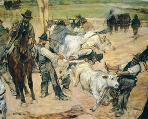 Nuorten härkien brändäys Maremmassa, noin 1887, Giovanni Fattori (1825-1908), 86x172 cm, Yksityiskohta tekijältä Giovanni Fattori