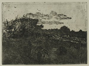 Maa auringonlaskun aikaan sikapaimen kanssa tekijältä Giovanni Fattori