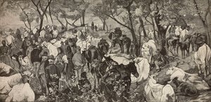 Markkinat Toscanan Apenniineilla, kaiverrus Giovanni Fattorin (1825-1908) maalauksesta, L