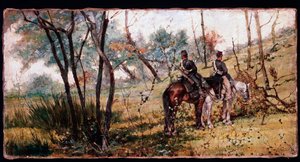 Kaksi sotilasta ratsastamassa puiden alla (Kaksi hevosjalkaa) - Maalaus tekijältä Giovanni Fattori