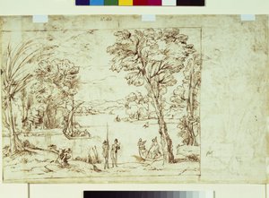 Maisema hahmoilla joen rannalla (kynä ja muste paperille) tekijältä Giovanni Francesco Grimaldi