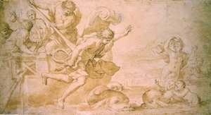 Arion and the Dolphins (kynä ja ruskea muste ja pese paperille) tekijältä Giovanni Francesco Romanelli