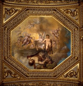 Persee tappamassa Meduset. Giovanni Romanellin (1601-1662) maalaus Itävallan kuningatar Annen (1601-1666) kesäasuntojen makuuhuoneen Antonine Hallin kattoa koristamassa. Noin 1655-1658. Pariisi, Louvre-museo. tekijältä Giovanni Francesco Romanelli
