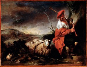 Paimen soittaa säkkipilliä lampaidensa kanssa Giovanni Francesco Castiglionen maalaus (1641 / 42-1716) Genes, Musei di Strada Nuova (ex Palazzo Bianco) tekijältä Giovanni Francesco Castiglione
