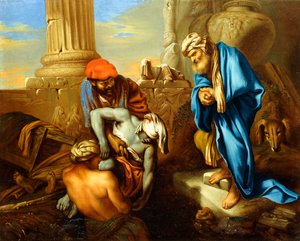 Tobit hautaamassa kuolleita Sanheribin käskyjä vastaan, tekijältä Giovanni Francesco Castiglione