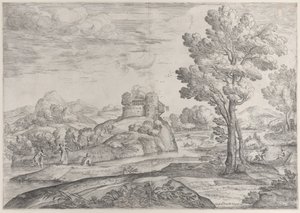 Talo pyöreän kiven päällä keskellä, ihmisiä joessa ja kanooteissa, 1626-80.