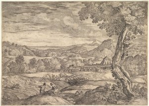 Maisema, jossa tiilitehdas keskellä, seisova mies etualalla p..., 1626-80.
