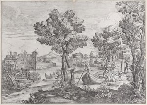 Maisema, jossa mies pitelee käärmettä kauhistuneelle lapselle, jota katselee muodikas dre..., 1626-80. tekijältä Giovanni Francesco Grimaldi