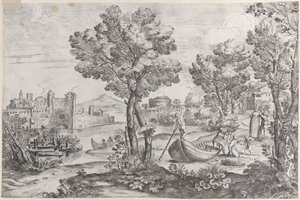 Maisema, jossa mies pitelee käärmettä kauhistuneelle lapselle, jota katselee muodikas dre..., 1626-80. tekijältä Giovanni Francesco Grimaldi