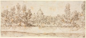 Jokimaisema, josta on näkymät Pietarinkirkolle, vuoden 1660 jälkeen. tekijältä Giovanni Francesco Grimaldi