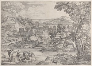 Kristuksen kaste alhaalla vasemmalla, maiseman sisällä, 1626-80., 1626-80. tekijältä Giovanni Francesco Grimaldi