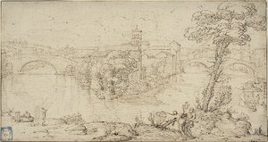 Näkymä Isola Tiberinalle tekijältä Giovanni Francesco Grimaldi