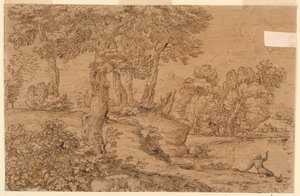 Metsäinen maisema lampineen tekijältä Giovanni Francesco Grimaldi