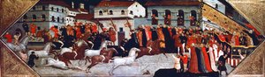 Palion hevoskilpailu Firenzen kaduilla, maalaus Giovanni di Francesco Toscani (n. 1370-1430), yksityiskohta paneelista cassone (arkku), Italia