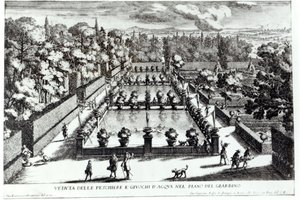Kalalammet Villa dEstessä, Tivolissa, Giovanni Battista Faldan (n. 1648-1787) Le Fontanen teoksesta, julkaisija 1689 tekijältä Giovanni Francesco Venturini