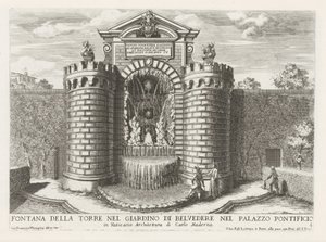 Fontein in de Vaticaanse tuinen Torni suihkulähde Belvederen puutarhassa Paavin palatsissa (...) (otsikko esineessä) Suihkulähteet Rooman palatseissa ja puutarhoissa (sarjan nimi) Fonteinen in de paleizen en tuinen van Rome (sarjan nimi) tekijältä Giovanni Francesco Venturini