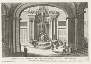 Fontein in de binnenplaats van het Palazzo Massimo di Rignano te Rome Suihkulähde Palazzo de Signori Massimissa Campidoglion alla (otsikko esineessä) Suihkulähteet Rooman palatseissa ja puutarhoissa (sarjan nimi) Fonteinen in de paleizen en tuinen van Rome tekijältä Giovanni Francesco Venturini