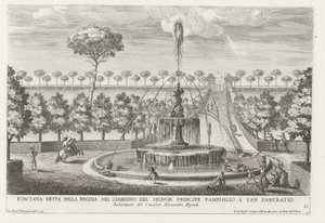 Fontein in de tuinen Villa Doria Pamphilj te Roomassa Kuningattarena tunnettu suihkulähde prinssi Pamphilion puutarhassa San Pancratiossa (otsikko esineessä) Suihkulähteet Rooman palatseissa ja puutarhoissa (sarjan nimi) Fonteinen in de paleizen en tuinen  tekijältä Giovanni Francesco Venturini