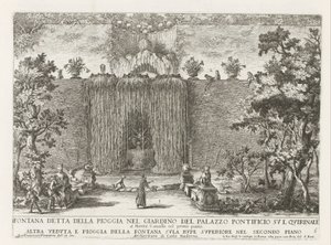 Fontein in de tuinen van het Quirinal Palace Roomassa Sateena tunnettu suihkulähde Quirinalen paavinpalatsin puutarhassa (...) (otsikko esineessä) Suihkulähteet Rooman palatseissa ja puutarhoissa (sarjan nimi) Fonteinen in de paleizen en tuine tekijältä Giovanni Francesco Venturini