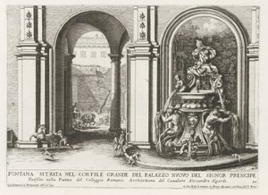 Fontein in een binnenplaats van het Palazzo Doria Pamphilj te Rome Suihkulähde Palazzo Nuovo del Signor prencipen suurella sisäpihalla (...) (otsikko esineessä) Suihkulähteet Rooman palatseissa ja puutarhoissa (sarjan nimi) Fonteinen in de paleizen en tu tekijältä Giovanni Francesco Venturini