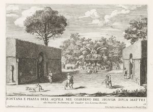 Fontein tapasi adelaarin Rooman Villa Celimontanan tuisessa Suihkulähde ja piazza del aquila herttua Mattein puutarhassa (...) (otsikko esineessä) Suihkulähteet Rooman palatseissa ja puutarhoissa (sarjan nimi) Fonteinen in de paleizen en tuinen van R tekijältä Giovanni Francesco Venturini