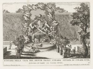Suihkulähde, jossa paavin vaakuna, kaksi tritonia ja delfiinejä Fontana nella casa del signor Paolo strada situata in strada nova (otsikko esineessä) Le fontane ne palazzi e ne giardini di Roma (sarjan nimi) Suihkulähteet Rooman palatseissa ja puutarhoissa tekijältä Giovanni Francesco Venturini