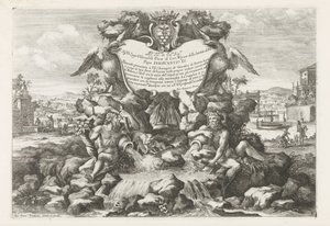 Suihkulähde, jossa Livio Odescalchin omistautuminen ja vaakuna Le fontane ne palazzi e ne giardini di Roma (sarjan nimi) Suihkulähteet Rooman palatseissa ja puutarhoissa (sarjan nimi) tekijältä Giovanni Francesco Venturini