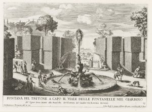 Fontein tapasi tritonin de tuinen van de Villa Celimontana te Roomassa Triton-suihkulähde puutarhan suihkulähteiden kadun päässä (...) (otsikko esineessä) Suihkulähteet Rooman palatseissa ja puutarhoissa (sarjan nimi) Fonteinen in de paleizen en tuinen van tekijältä Giovanni Francesco Venturini