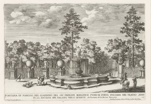 Fontein van Narcissus Villa Borghesessa Roomassa Narkissuksen suihkulähde herra Principe Borghesen puutarhassa (...) (otsikko esineessä) Suihkulähteet Rooman palatseissa ja puutarhoissa (sarjan nimi) Fonteinen in de paleizen en tuinen van Rome (sarjan nimi tekijältä Giovanni Francesco Venturini