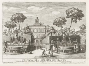 Fonteinen Villa Montalto Negronissa Roomassa Suihkulähde Montalton puutarhassa (...) (otsikko esineessä) Suihkulähteet Rooman palatseissa ja puutarhoissa (sarjan nimi) Fonteinen in de paleizen en tuinen van Rome (sarjan nimi) tekijältä Giovanni Francesco Venturini