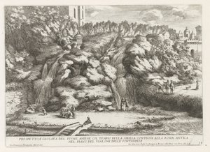 Landschap met cascade en Tempel van de Tiburtijnse Sibille t ja Tivoli Aniene-joen kohouma ja vesiputous sekä sibylin temppeli (...) (otsikko esineessä) Estense-puutarhan suihkulähteet Tivolissa (sarjan nimi) Fonteinen in de tuinen van Villa d