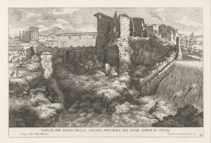 Landschap met waterval en tempel van de Tiburtijnse Sibille t ja Tivoli Sivukuva Aniene-joen päävesiputouksesta Tivolissa (otsikko esineessä) Estense-puutarhan suihkulähteet Tivolissa (sarjan nimi) Fonteinen in de tuinen van Villa d