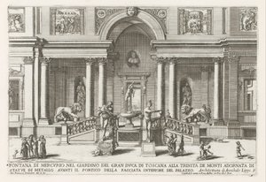 Loggia ja Villa Medici Roomassa Merkuriuksen suihkulähde Toscanan suurherttuan puutarhassa Trinita de Montissa (...) (otsikko esineessä) Suihkulähteet Rooman palatseissa ja puutarhoissa (sarjan nimi) Fonteinen in de paleizen en tuinen van Rome (se tekijältä Giovanni Francesco Venturini