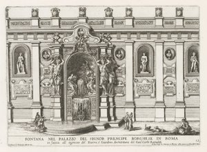 Nymphaeum in de binnenplaats van het Palazzo Borghese te Rome Suihkulähde Signor prencipe Borghesen palatsissa Roomassa (...) (otsikko esineessä) Suihkulähteet Rooman palatseissa ja puutarhoissa (sarjan nimi) Fonteinen in de paleizen en tuinen van Rome (sa tekijältä Giovanni Francesco Venturini
