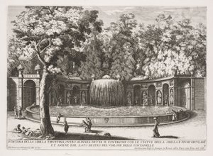 Rooman suihkulähteet, kirja IV, levy 7: Tiburtine Sibylin suihkulähde (Fontana della Sibilla Tiburtina) tekijältä Giovanni Francesco Venturini