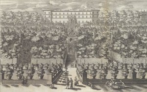 Näkymä palatsille puutarhakerroksesta ja sen suihkulähteistä ..., 1691 tai sen jälkeen. tekijältä Giovanni Francesco Venturini