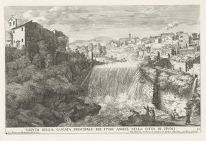 Waterval in de Rivier de Aniene Tivolissa Näkymä Aniene-joen päävesiputoukselle Tivolin kaupungissa (otsikko esineessä) Estense-puutarhan suihkulähteet Tivolissa (sarjan nimi) Fonteinen in de tuinen van Villa d