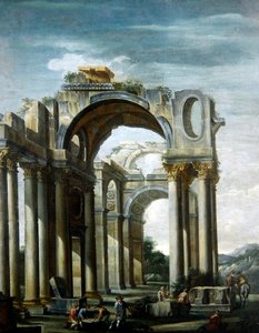 Capriccio klassisten raunioiden ja hahmojen välillä (öljy kankaalle)