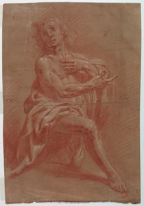 Piirros, polvistuva mies, Paimenten palvomista varten, 1601-1650. tekijältä Giovanni Giacomo Barbelli
