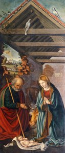 Lapsen palvominen, triptyykin keskimmäinen paneeli, jossa on syntymäkuvaus, jossa on pyhimykset Franciscus ja Bartolomeus sekä kaksi lahjoittajaa. tekijältä Giovanni Girolamo Savoldo