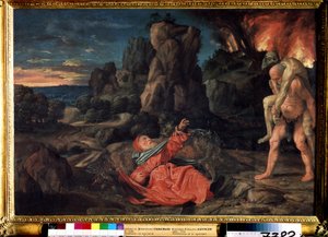 Pyhän Antoniuksen kiusaus. Giovanni Girolamo Savoldon maalaus (1480 tai 1485-1548). Öljy puulle, 58 x 86 cm, noin 1530. Pushkin Museum of Fine Arts, Moskova.