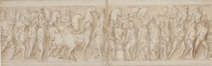 Vangitut naiset viedään pois (LXXIII:n loppu); hengenpelastajien paraati (LXXIV); Marcus Aurelius uhraa alttarilla (LXXV); Marcus Aurelius katselee hyökkäystä (LXXVI:n alku) tekijältä Giovanni Guerra