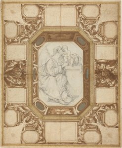 Katto allegorisilla hahmoilla ja paavi Sixtus V:n käsivarsilla (Guerran ulkopiirros); Pyhä Joosef ja Kristus-lapsi (Vianin keskuspiirros) tekijältä Giovanni Guerra and Domenico Maria Viani