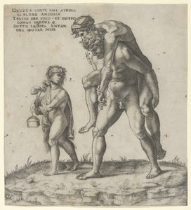 Aeneas pelastamassa Anchisesta, nuorta poikaa, joka kantaa lyhtyä vasemmalla, n. 1525, n. 1525. tekijältä Giovanni Jacopo Caraglio