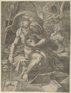 Diogenes istuu tynnyri takanaan ja lukee kirjaa pitäen keppiä..., n. 1526-27. tekijältä Giovanni Jacopo Caraglio