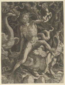 Fury personoitui vanhaksi mieheksi, joka ratsastaa hirviöllä, pitelee kalloa vasemmassa kädessään, noin 1520-39.