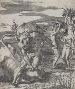 Hercules voitti jokijumalan Achelouksen härän muodossa, kolmen naisen kanssa..., n. 1526-27.